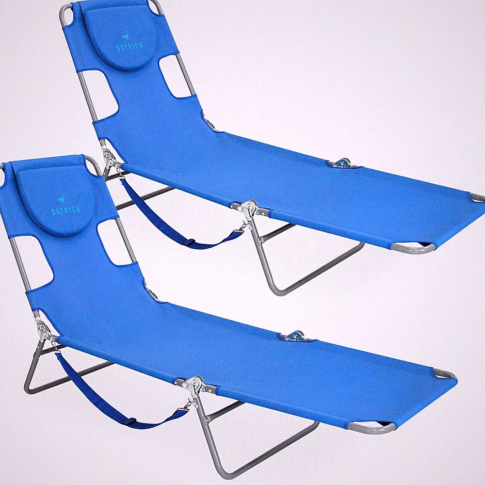 2-Pack Beach Lounge Chair, Folding & Reclining Outdoor Chaise Lounger, Blue -...