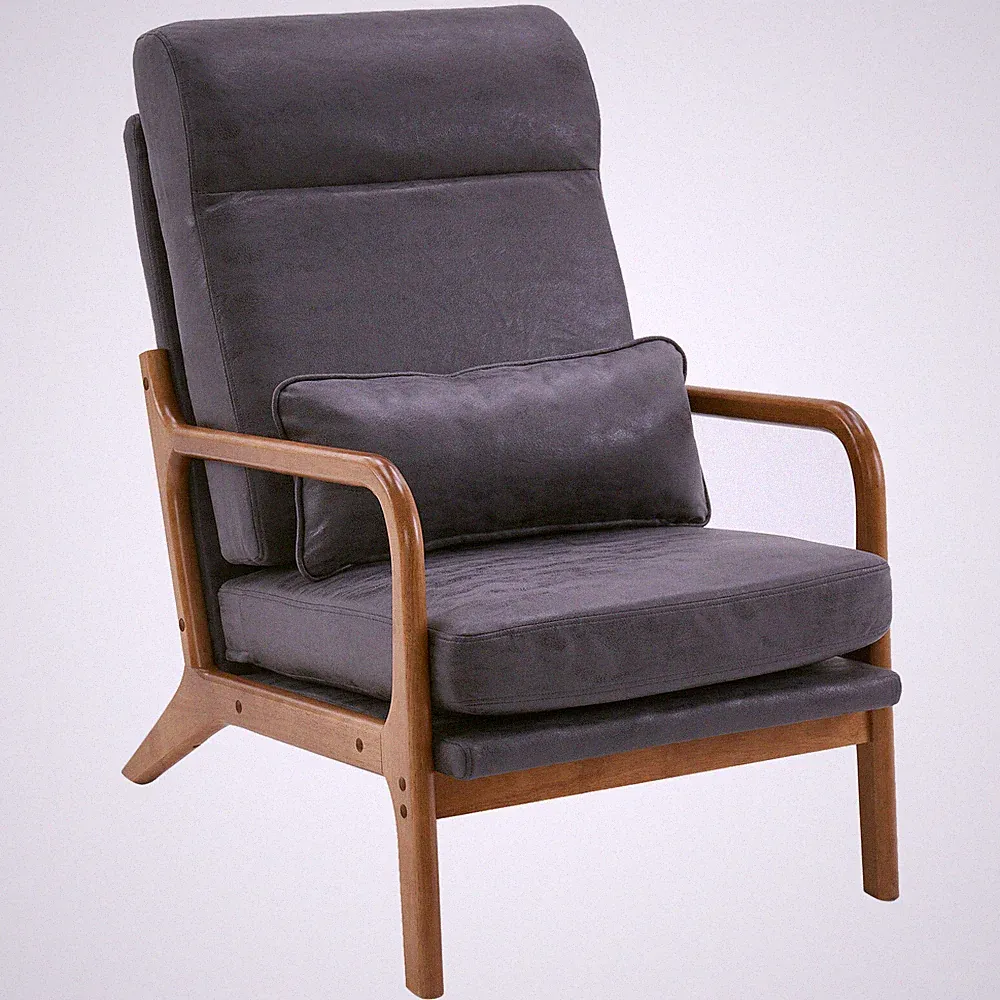 High Back Solid Wood Armrest Backrest Bronzing Cloth Leisure Chair Dark Grey