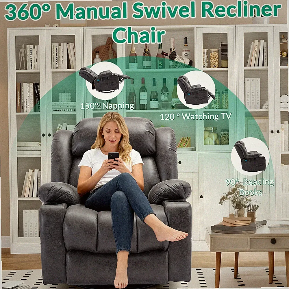 Manual Swivel Glider Rocking Chair Overstuffed Massage Reclining Sofa Waist Heat