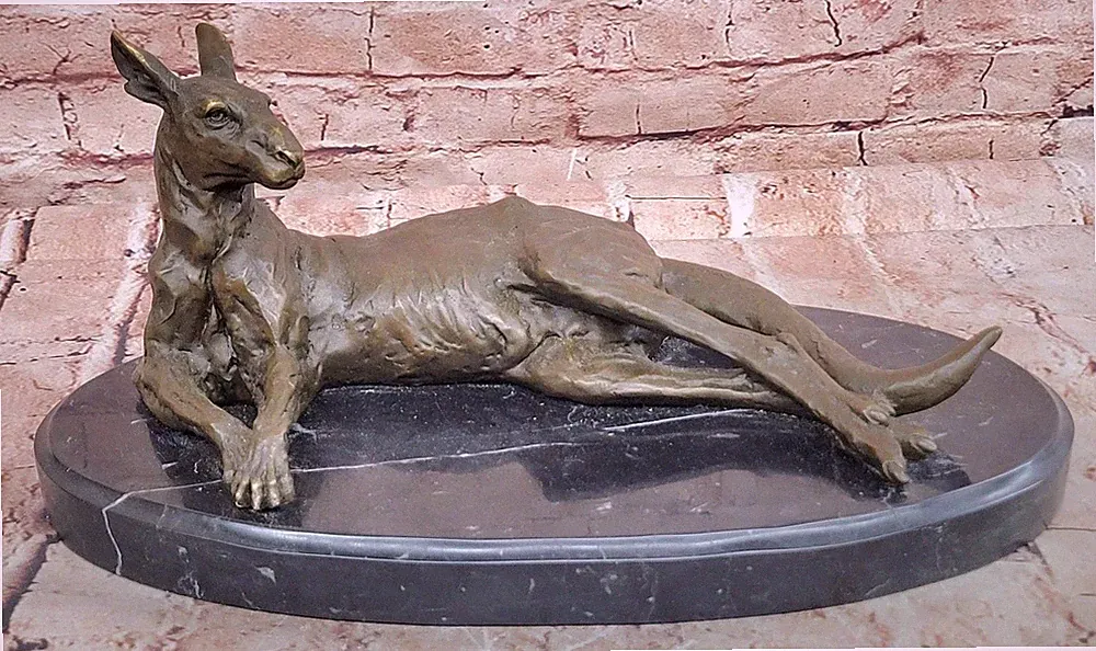 Reclining Kangaroo Bronze Sculpture Wildlife Art on Marble Base